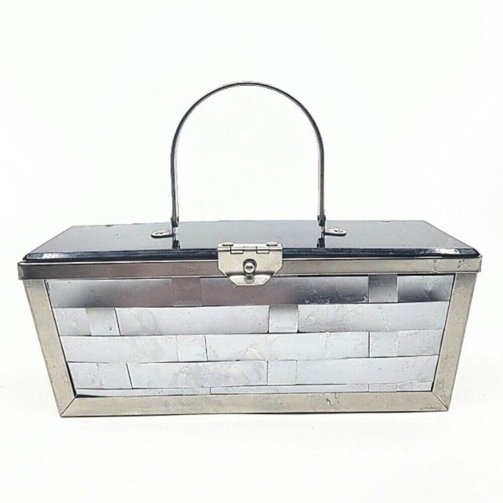 Wm's 1950s Vintage Dorset Rex Style Metal Weave Box Purse with Lucite Handle